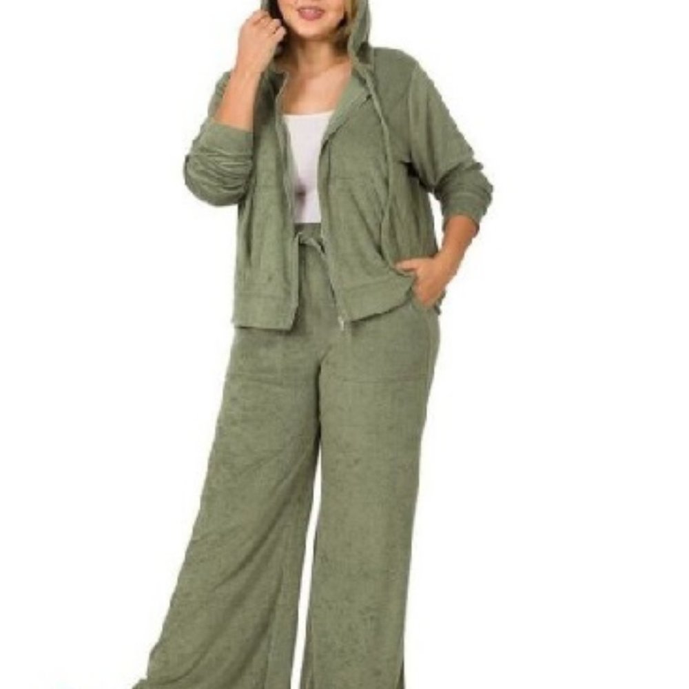 Zenana Plus Size Set Sweatpants Hoodie Full Zip Jacket Loop Terry Olive 1X - Picture 1 of 4